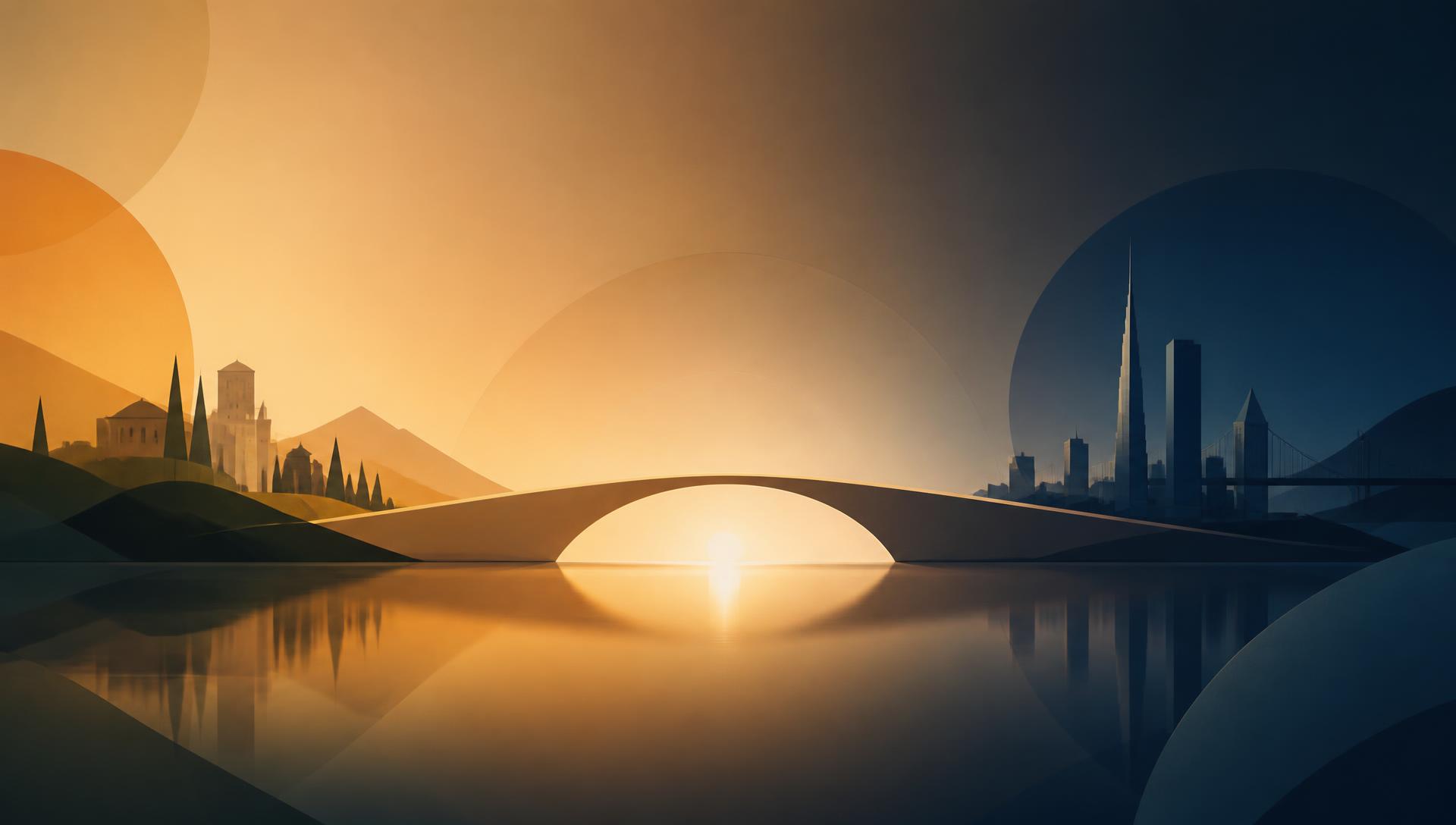 Abstract bridge connecting two ecosystems at sunrise
